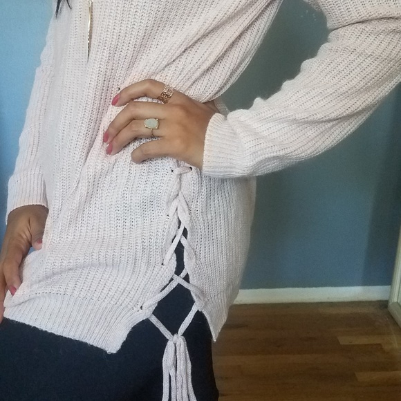 LIGHT PINK COLD MOCK SHOULDER SWEATER - Picture 7 of 8